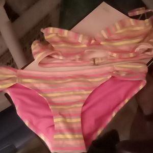 New Pink Grey Neon Striped Bikini Sz M